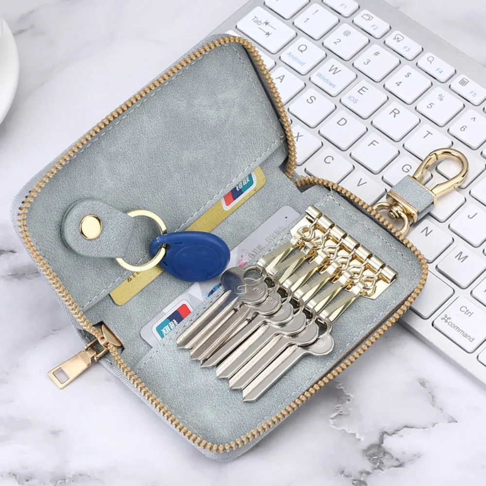 

Casual Zipper Closure Keychain Pouch Key Ring Leather Housekeepers Key Holder Portable Durable Car Key Organizer Card Bag