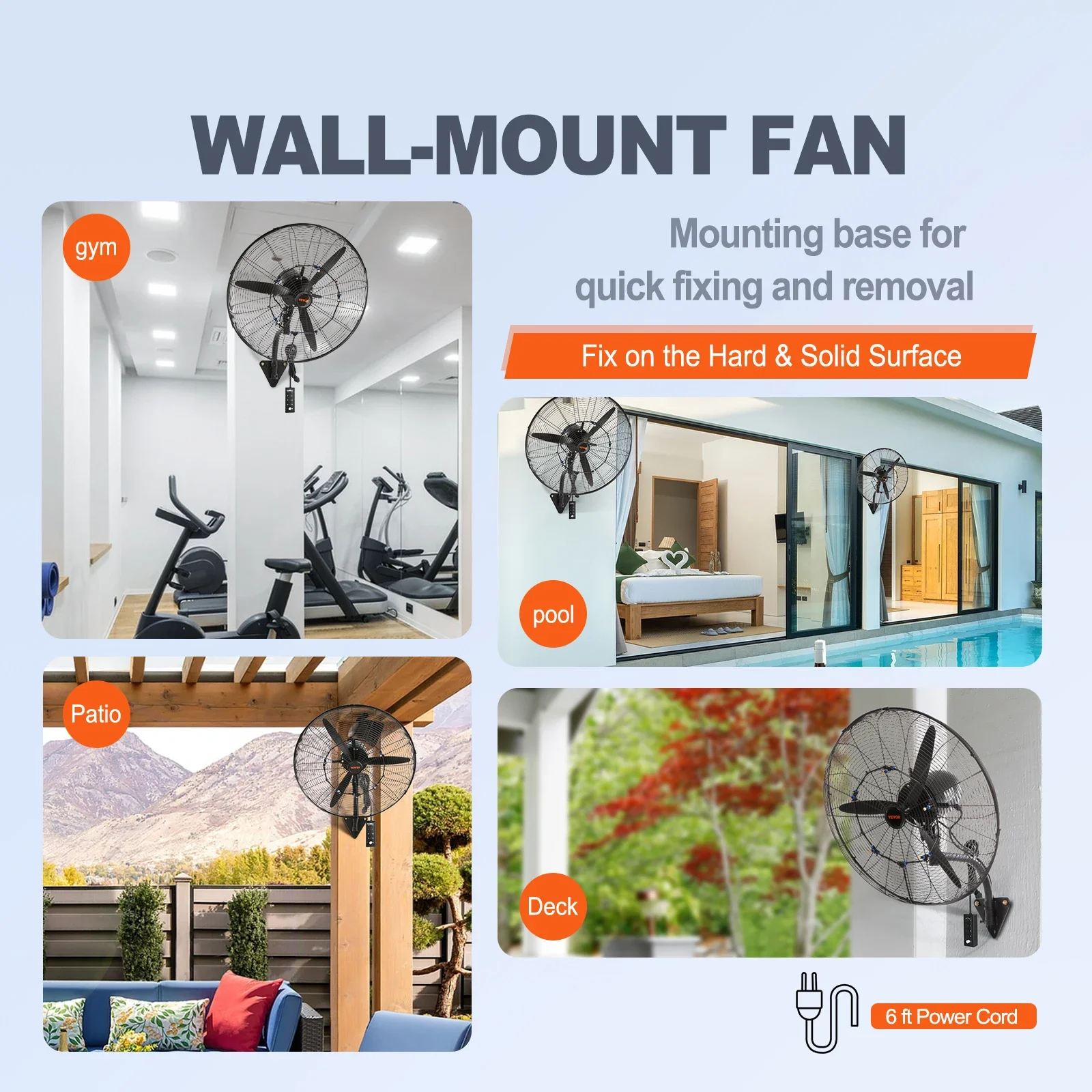 VEVOR-ventilador de nebulización de montaje en pared para el hogar, dispositivo oscilante de 3 velocidades, resistente al agua IP44, máx. 9500 CFM, 4 tamaños