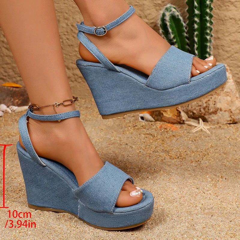 Blue Denim Wedge Heel Sandals Women 2026 Summer Ankle Straps Platform Sandals Woman Plus Size Non-slip Thick Sole Casual Shoes view 5
