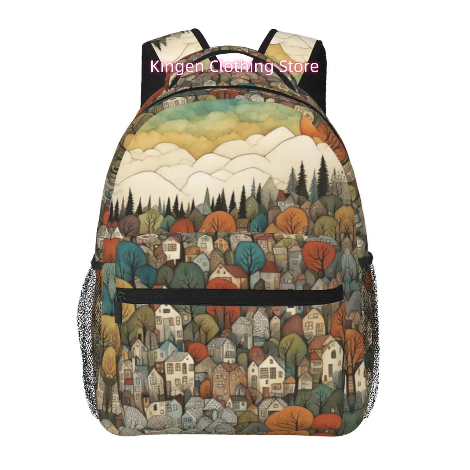 Autumn Village Folk Art Print Backpack, Oxford Cloth Adjustable Strap Casual Daypack, for Casual Outings, Daily Commute, Weekend