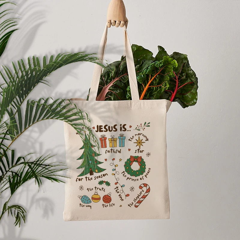 Religious Christmas Pattern Canvas Tote Bag Xmas Gift for Friends Sister Mother Daughter Women Shopping Bag Shoulder Bags