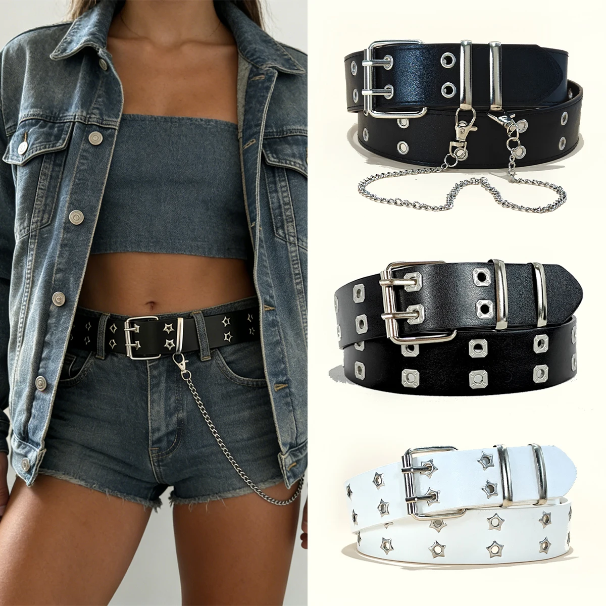 Retro Square Rivet Men's Belt With Three Row Needle Buckle Hip-Hop Rock Punk Y2k Style Jeans Belts For Women Goth Waistband