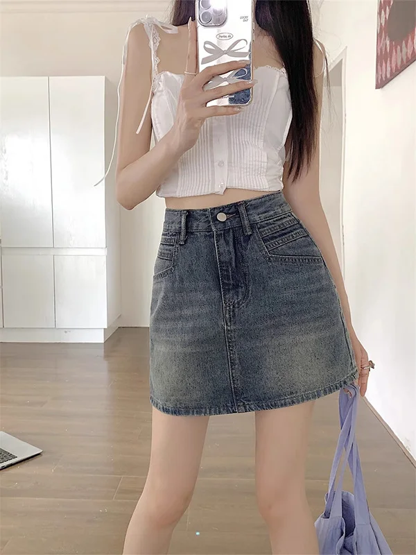

American Style Retro Denim Skirt Women's Summer Thin High Waist Slimming A-Line Bodycon Half-length Skirts