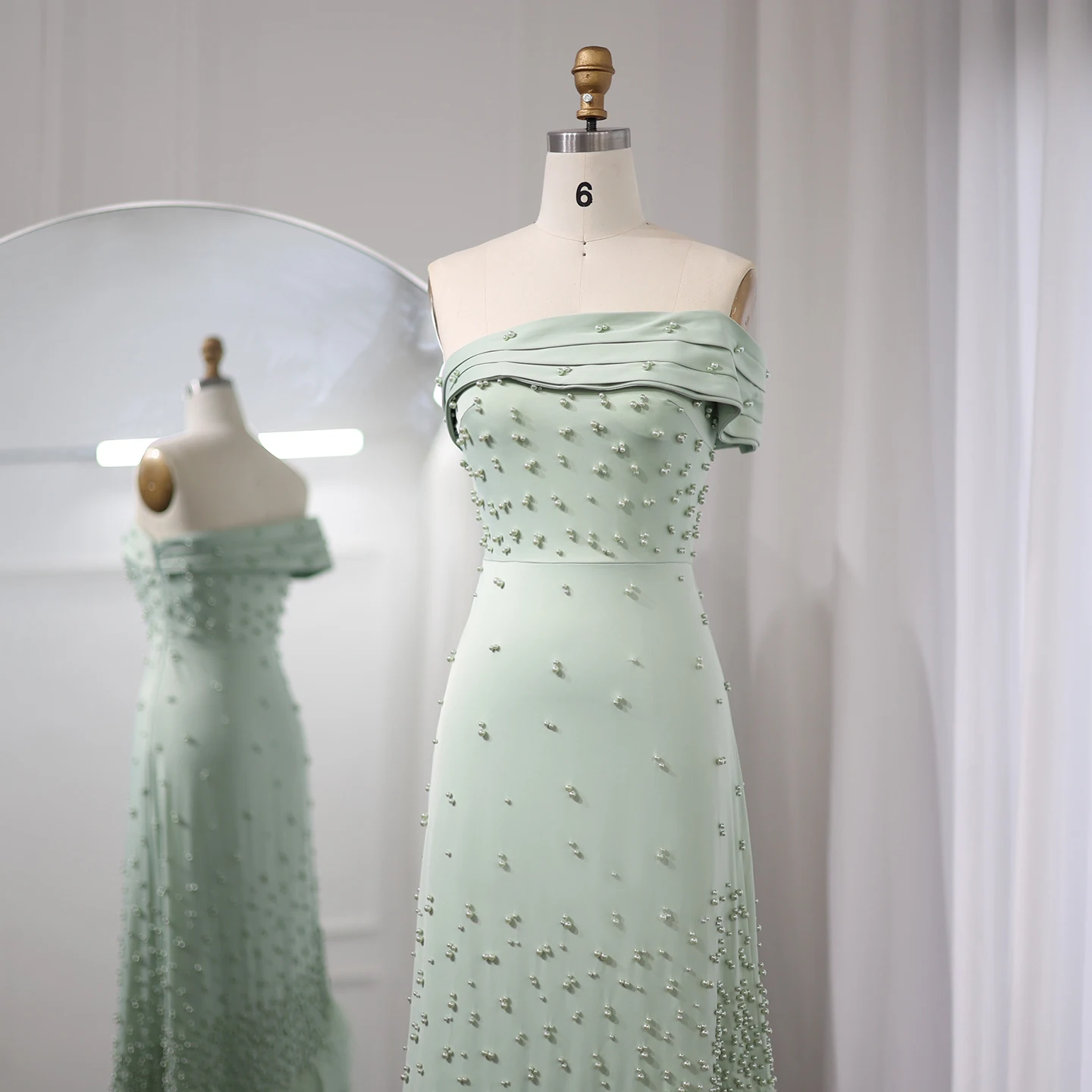 Sharon Said Federn Rosa Meerjungfrau Abendkleid für Frauen Hochzeit Salbeigrün Eine Schulter Arabische Partykleider SS388 Maßgeschneidert