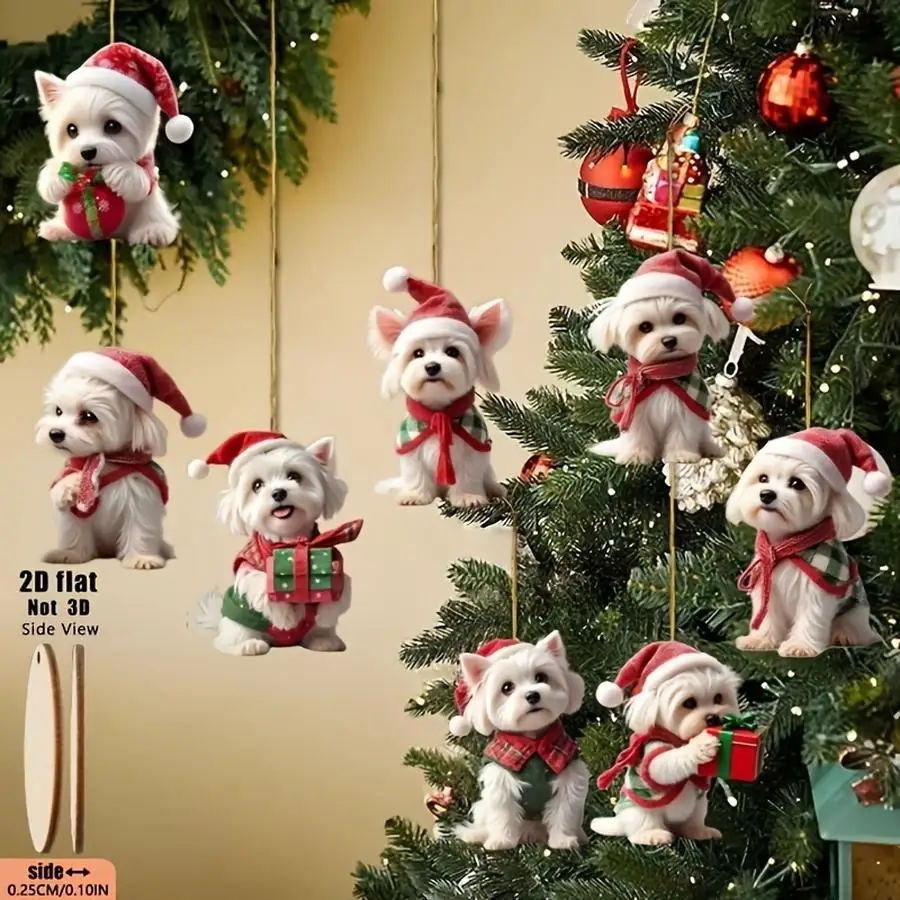 1/5/10/20/50/100pcs Set of 8 Flat 2D Pieces, Maltese Dog Wearing Various Christmas-Themed Outfits and Hats, Set of Wooden Hangin