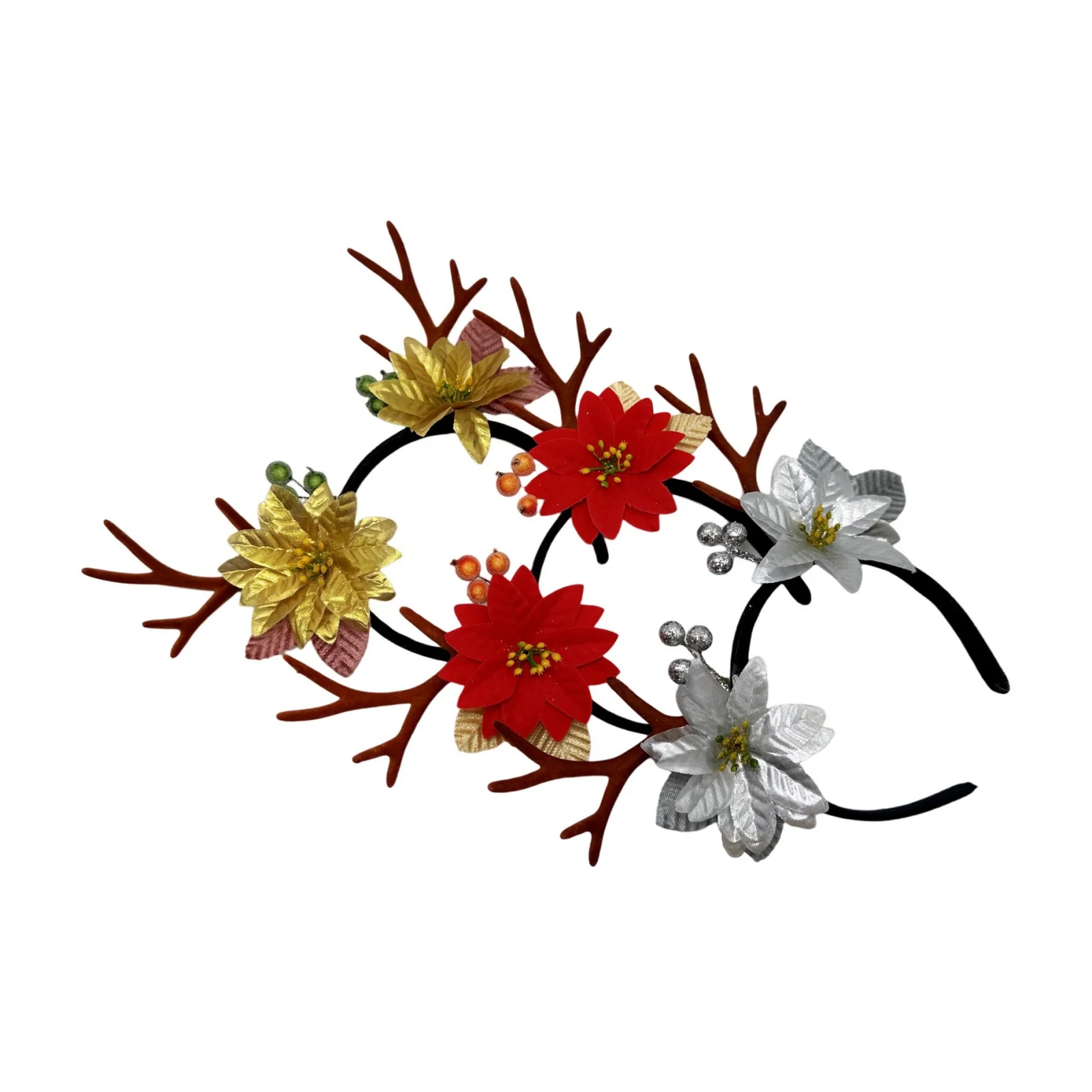 1PC クリスマストナカイの角ヘッドバンド - ポインセチアの花の装飾ヘアアクセサリークリスマスパーティーコスプレフェスティバル装飾用