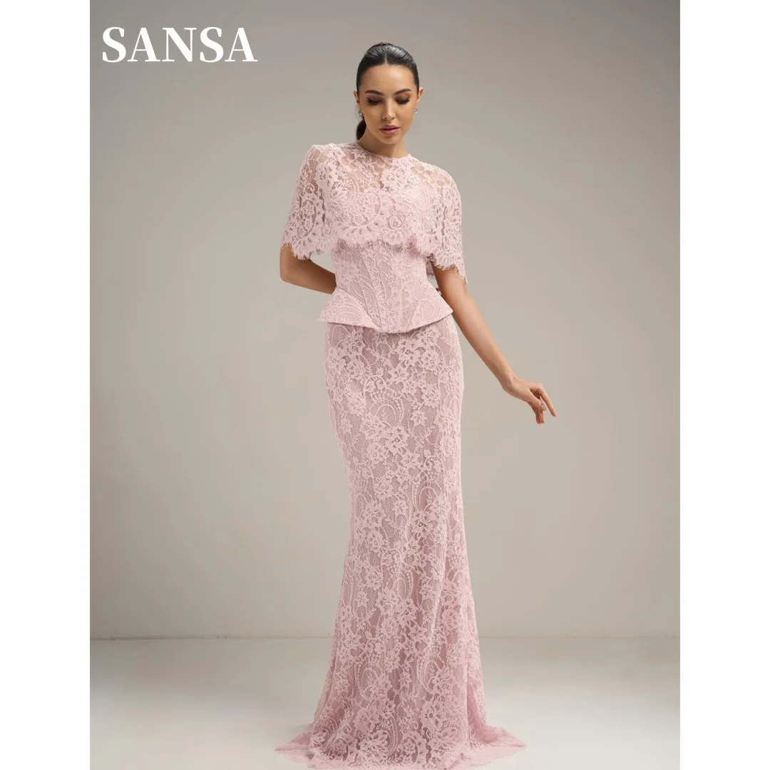 Sansa Customized Dusty Pink Mermaid Prom Dresses High Neck Lace Cape Sleeve Corset Peplum Floor‑Length Vestidos De Noche Formal