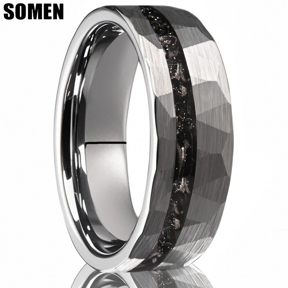 Somen 8mm Hammered Tungsten Carbide Ring For Men Fragment Meteorite Inlay Brushed Wedding Band Engagement Jewelry Comfort Fit