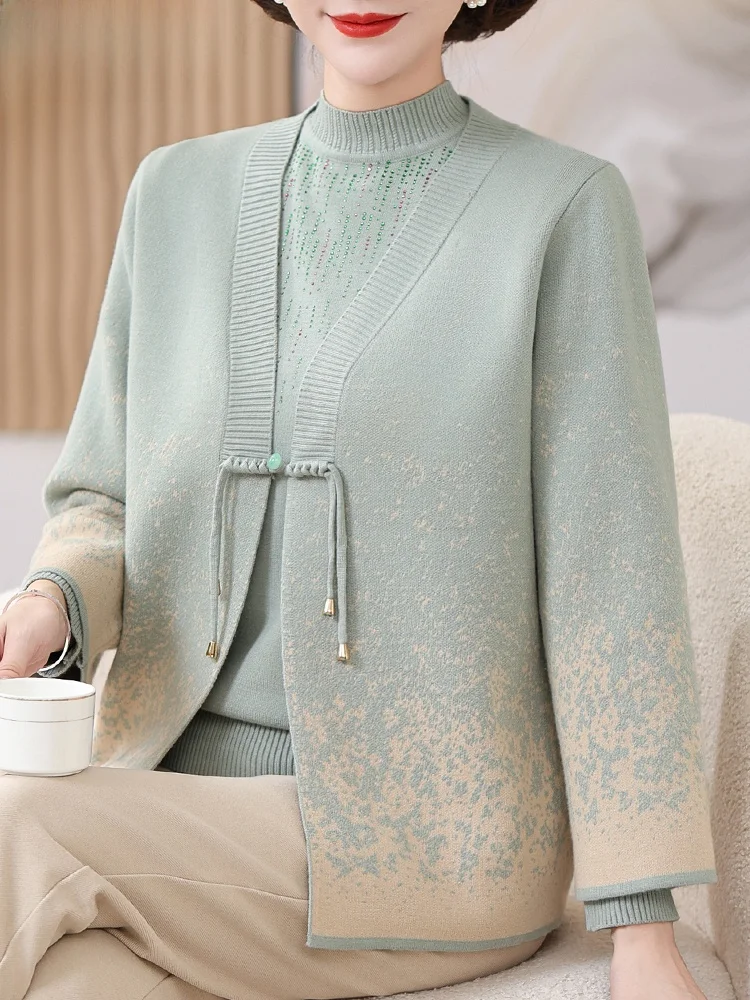 

Модный вязаный кардиган и базовая кофта: комплект из двух предметов для женщин среднего и старшего возраста, осенне-зимняя верхняя одежда