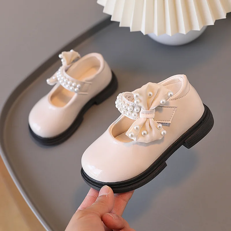 Chaussures plates en cuir pour filles, nœud de perles de printemps, princesse Mary, essence, chaussures simples pour enfants, bébé, tout-petit, chaussure de performance de danse, 1 à 6 ans