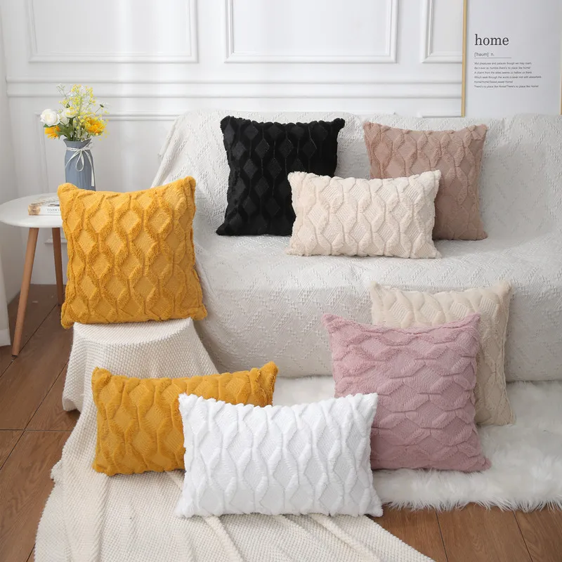 

Plush Solid 3D Rhombus Geometry Soft Throw Pillowcase 30x50 40x40cm Embroidery Cushion Cover for Living Room Sofa Decoration