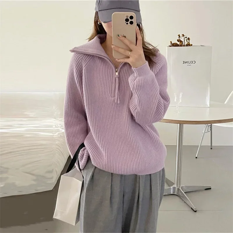 

Women New Solid Color Mock Neck Rib Pullover Sweater Chic Zipper Bandage Loose Casual Knit Shirts Autumn Winter Pullover Sweater