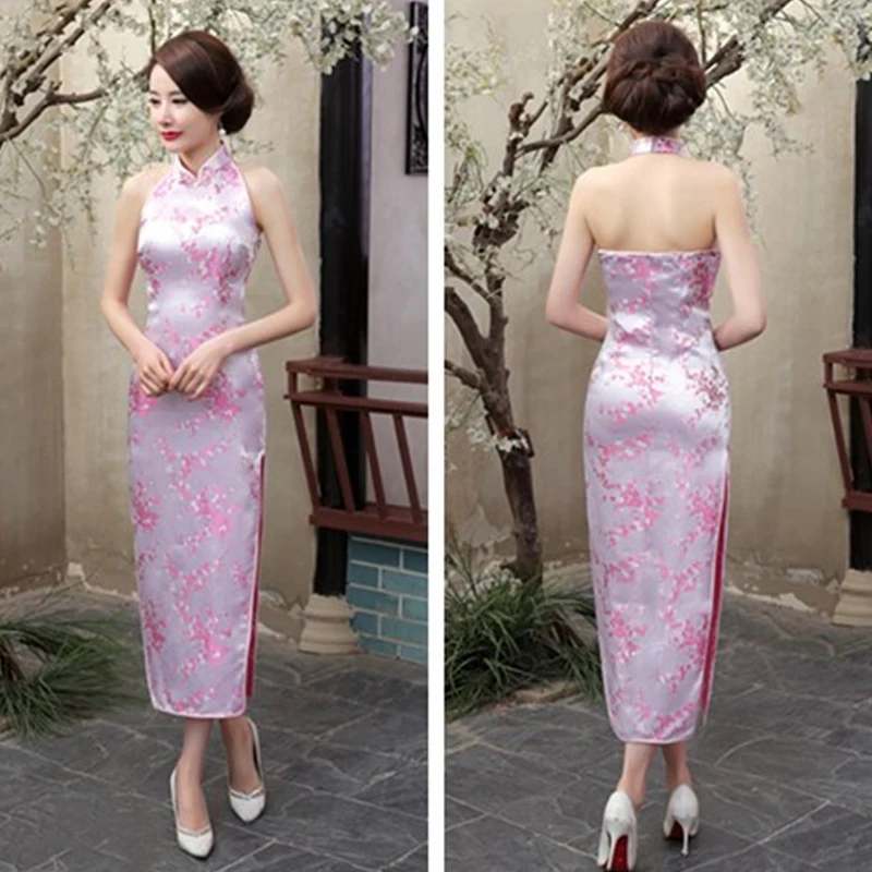 Pink Printed Slim Cheongsam Temperament Backless Evening Party Dress Plus Size 3XL Chinese Traditional Vestidos Novelty Qipao