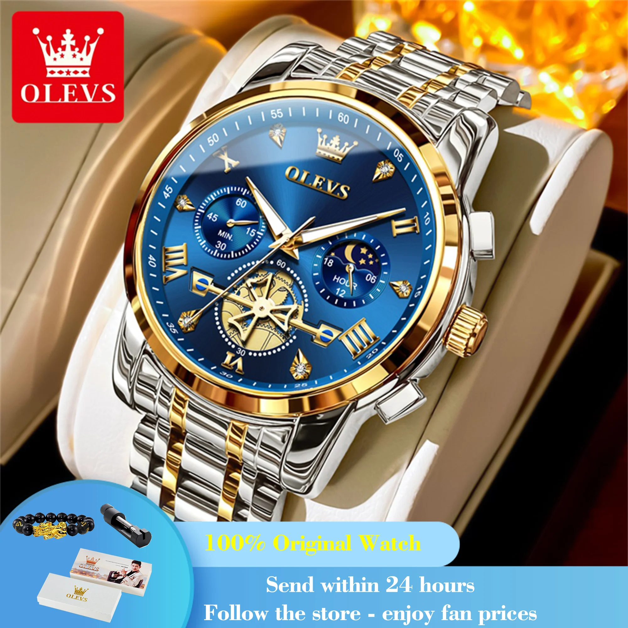 

OLEVS 2856 Quartz Men's Watch Waterproof Luminous Original Dress Watch For Men Moon Phase Stainless Steel Business Wristwatch
