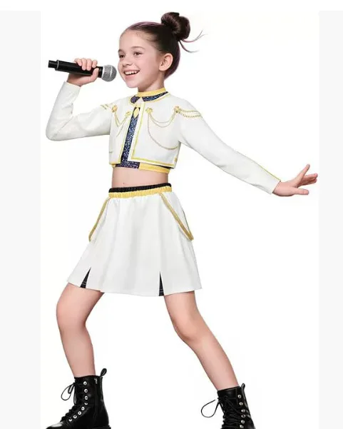 2025년 인기 소녀 수트 애니메이션 K팝 데몬 헌터 의상과 인기 가수 여성 어린이 가발 세트 할로윈 의상이 짝을 이루고 있습니다.