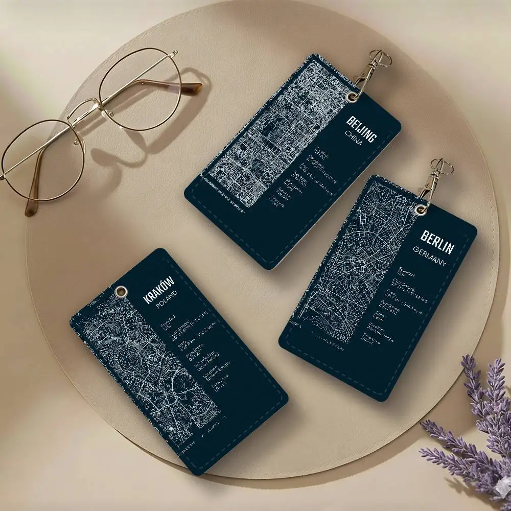 Minimalist Capital City Maps of Italy Spain United States Travel PU Leather Card Holders Anti-lost Protective Cover Cases Cards