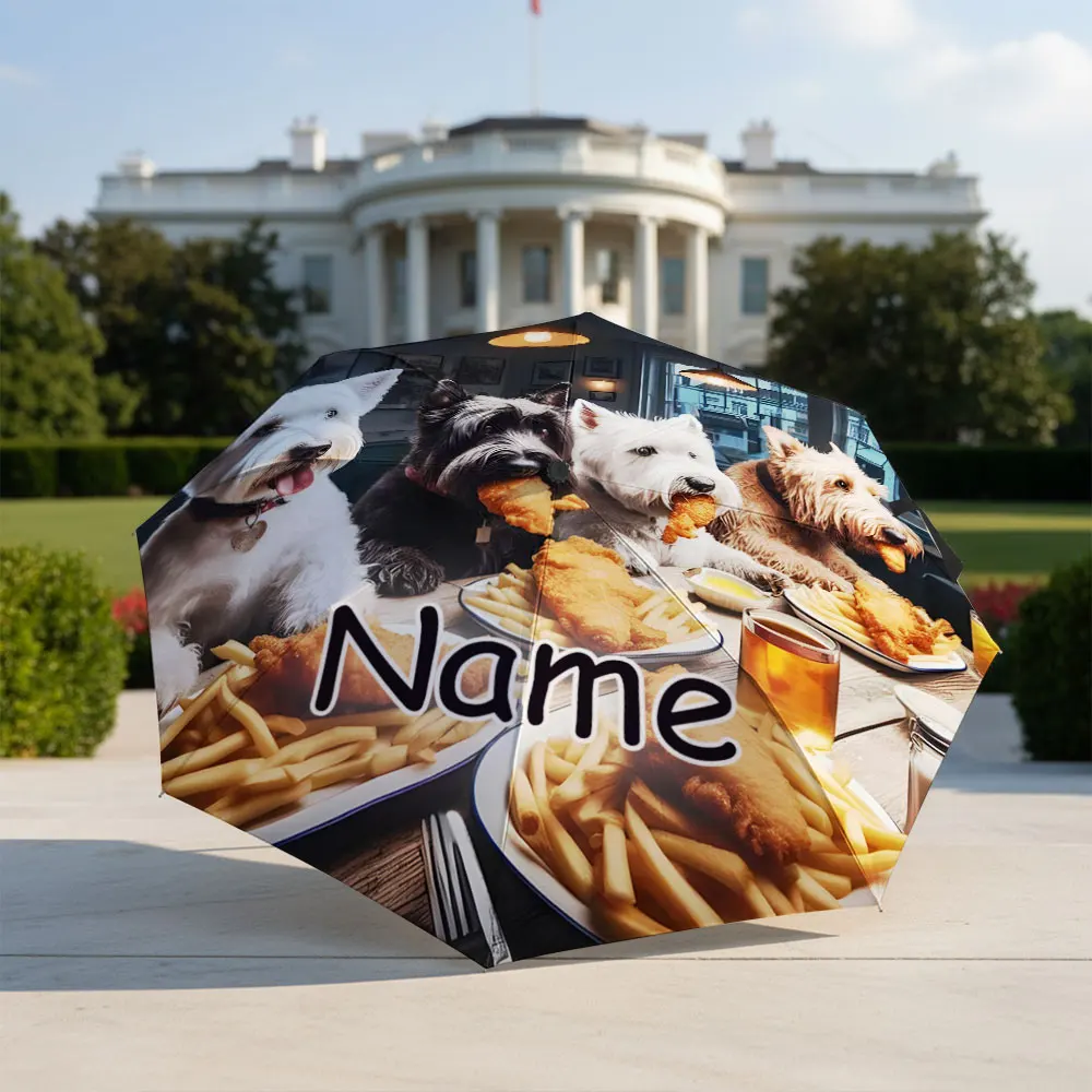 Custom Name umbrella,Cute Canines Enjoying Fish and Chips print Fashion Folding Umbrella for Sunny and Rainy, Christmas Gift