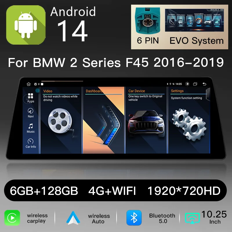10,25" 1920*720 IPS-scherm, draadloze CarPlay, Android 14 autoradio voor BMW 2-serie F45 F46 NBT EVO 2012-2019, multimediaspeler, stereo, GPS-navigatie, 4G, WiFi, hoofdunit, audio
