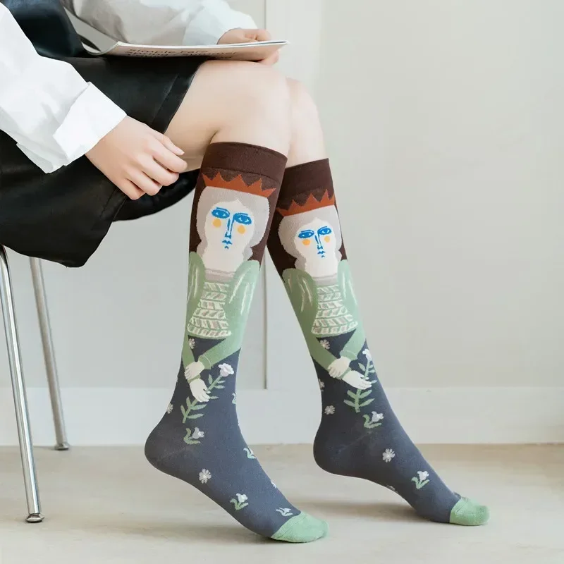 Socks Women\'s High Tube Calf Knee-length Socks Retro Illustration Art Abstract Street Autumn and Winter Cotton Socks High Sock