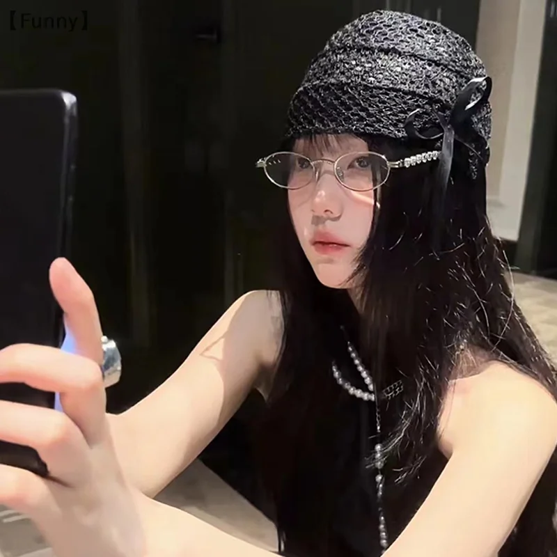 

Hollow Bow Black Stacked Hat Lace Knitted Hats Women's Thin Stretch Wrap Lace Hat Breathable Beanies Cap Spice Girls Cold Hat