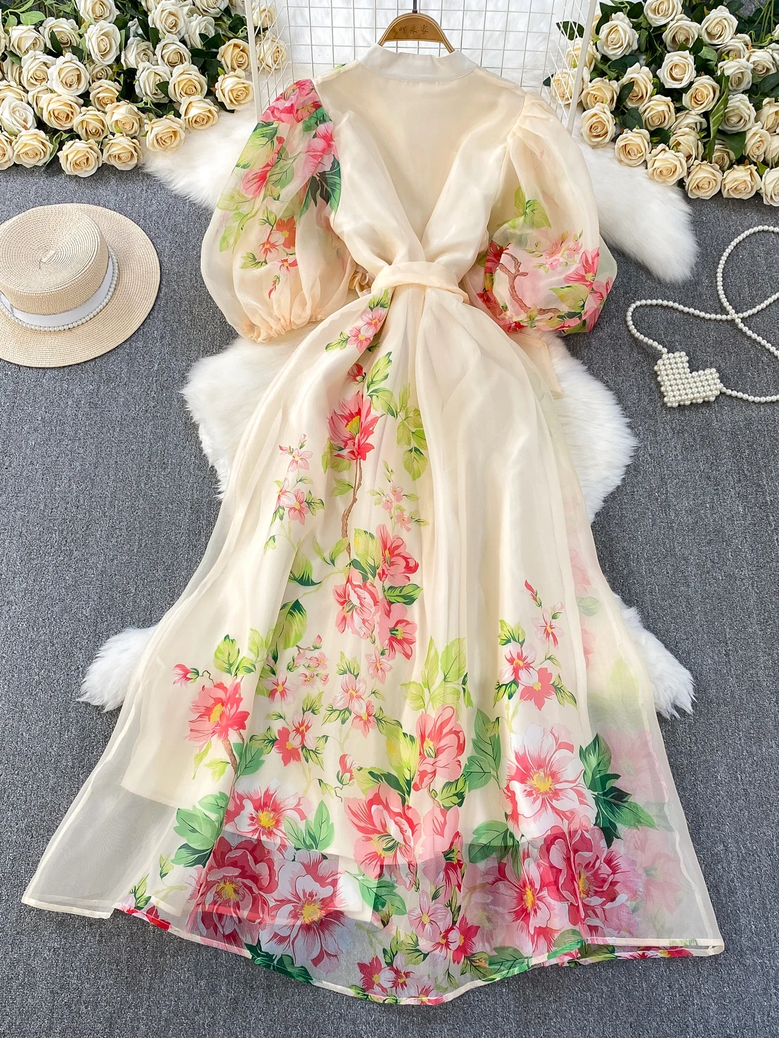 Vestido de Verão E com Estampa Floral, Cintura Alta, Manga Bufante, Decote em V, Cinto na Cintura, Estilo Coreano para...