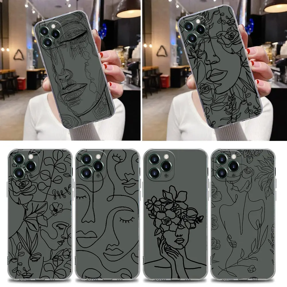 Line Art Girl Face Flower Clear Case For iPhone 16 15 14 13 12 11 Pro Max Mini Xs 7 8 Plus Cover For iphone 16 Pro Silicone Case