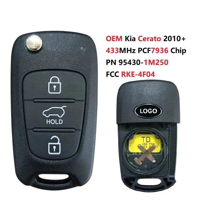 CN051148 OEM PN 95430-1M250 dla Kia Cerato 2010 + pilot z klapką 3 przyciski FCC RKE-4F04 PCF7936 Chip 433MHz