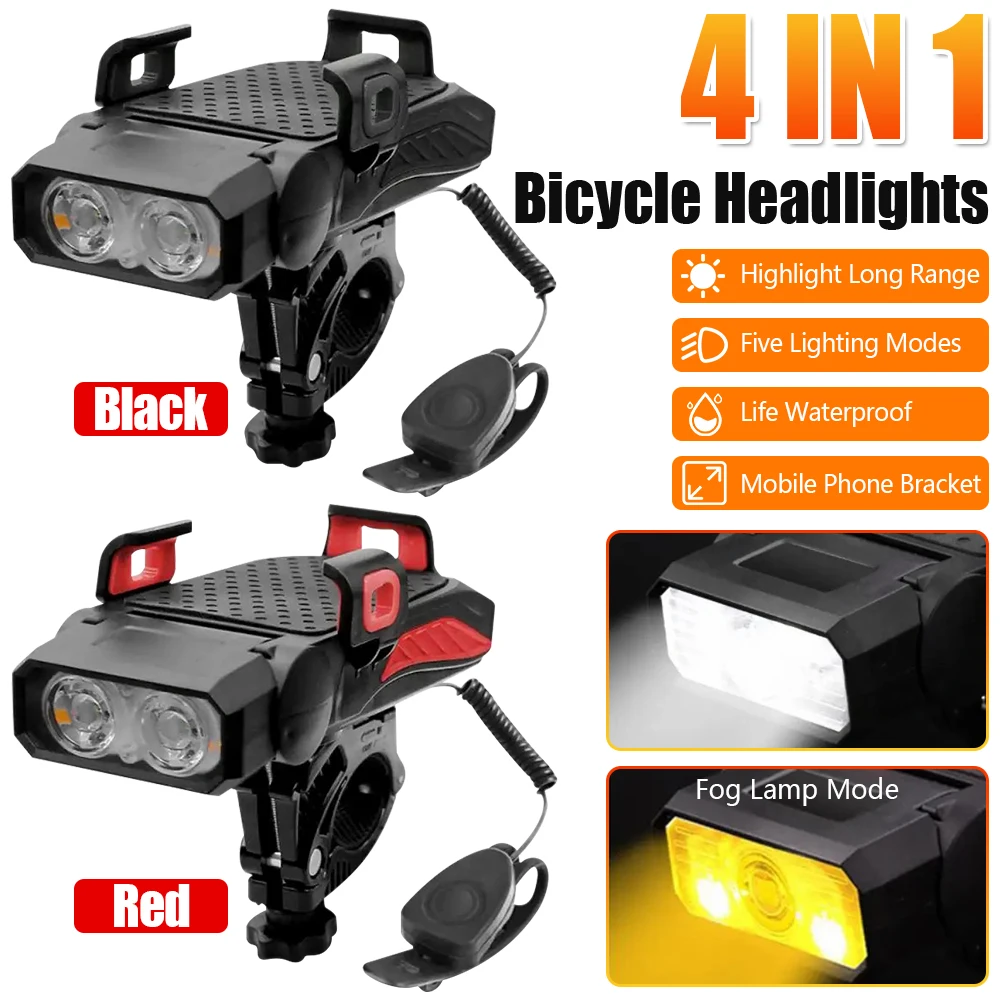 

5-in-1 Bike Light,Bicycle Mobile Phone Holder,Headlight,Horn,Usb Rechargeable Fog Lamp,Emergency Power Bank With 4000mAh Battery