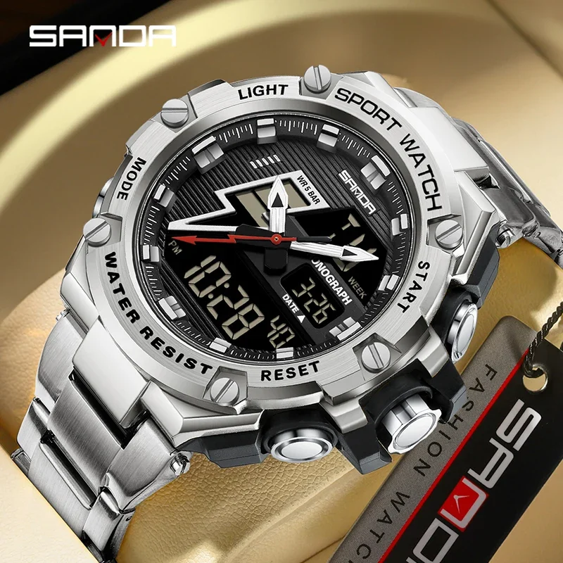 Fashion Sanda Men Full Stainless Steel Strap Double Display Led Digital Watch Alarm Mode Waterproof Outdoor Sports Chronograph