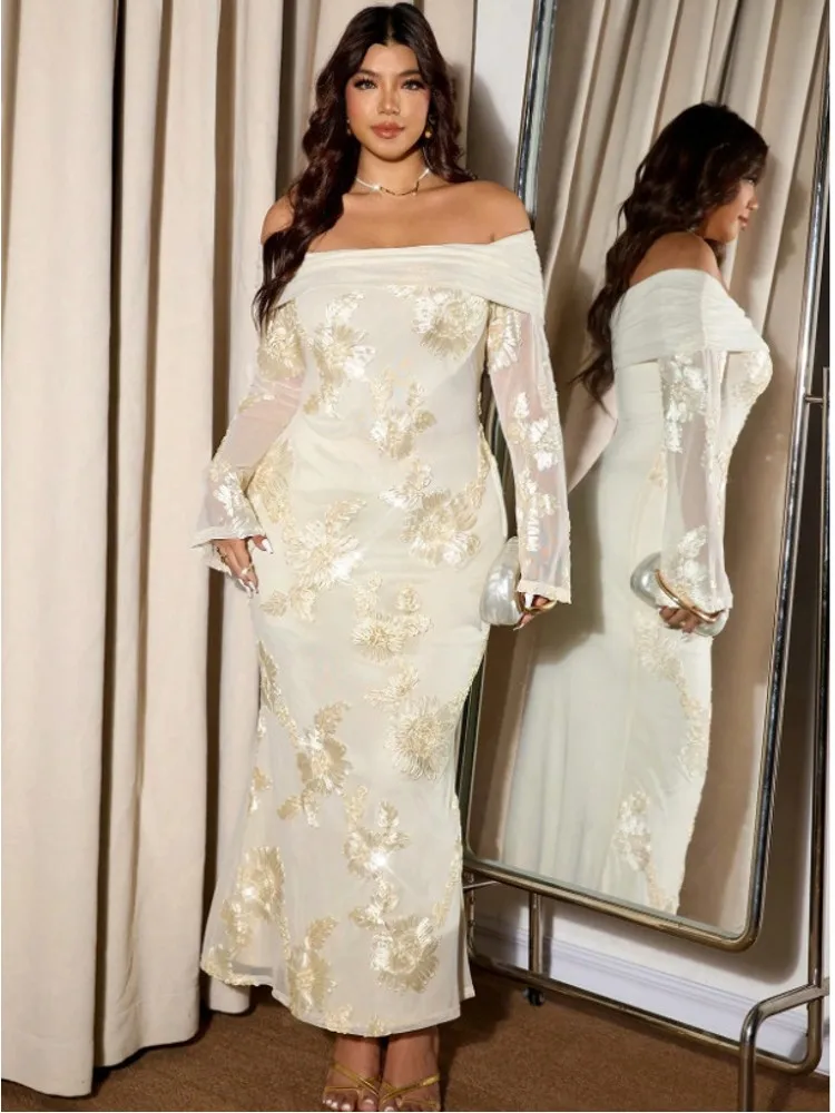 0XL-4XL Plus Size Women Clothes Dresses Off Shoulder Robes Long Sleeve Street Style Casual 3XL 4XL Big Size Dress Oversized