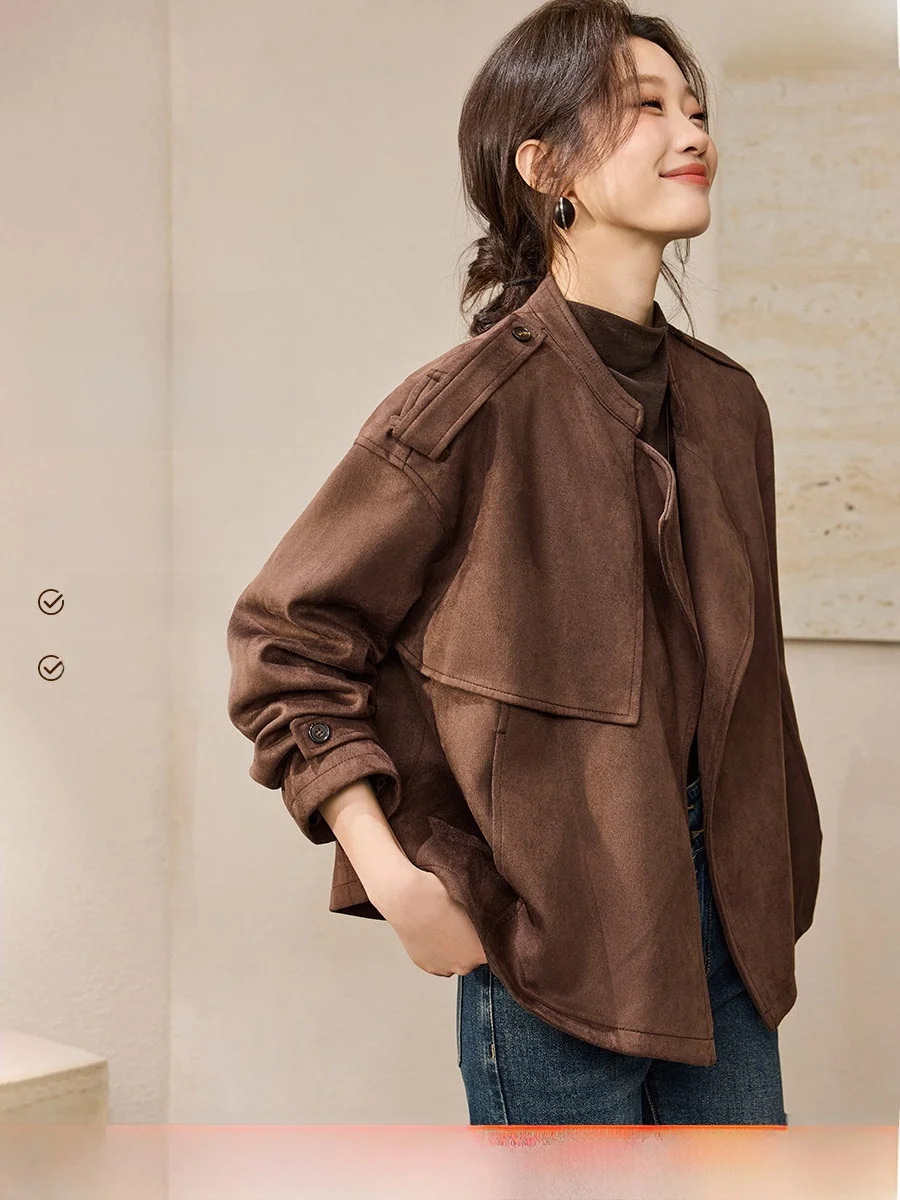 

Mo Han Mei Cold Sensation Suede Jaet Spring 2026 New Loose Silhouette Turn-down Collar Windbreaker Outerwear for Women