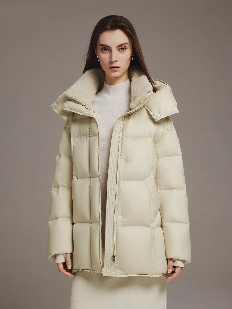 Winter Lamb Wool Splicing Parker Jacket Female Detachable Mid-length Hooded Down Jacket Women White Duck Down Zipper Outwears