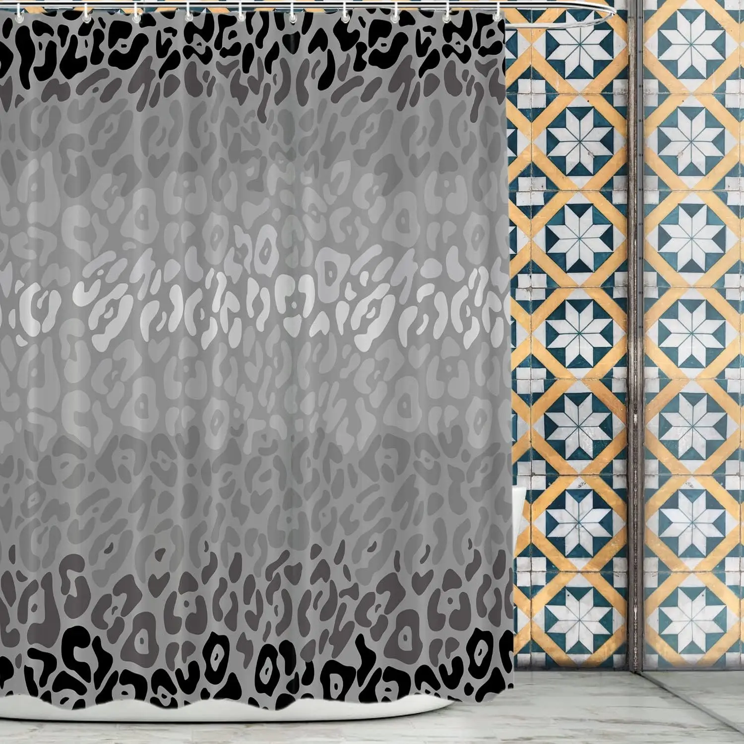 

Gray Leopard Print Shower Curtain With Black And White Spots Fashionable Animal Pattern Water Resistant Fabric Modern Bathroom