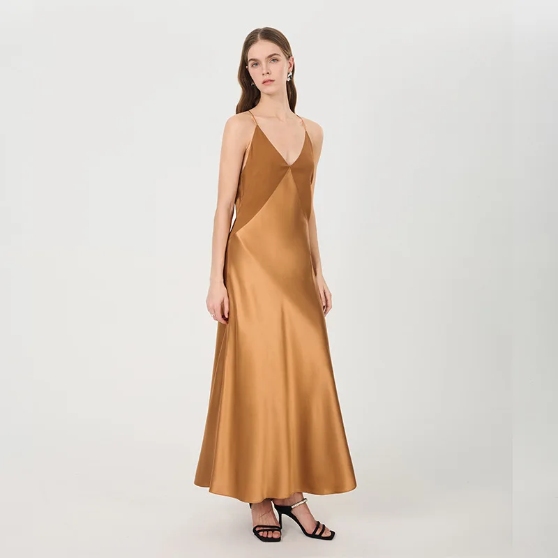 Elegant Caramel 22MM 100% Mulberry Silk Maxi Dress Women Deep V Back Cross Buckle Satin Slip Gown Bridesmaid Wedding Party Dress
