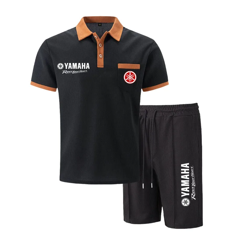 Yamaha Men's Multi-Color Waffle Knit Short Sleeve & Shorts Set, Casual Breathable Sweat-Absorbent Polo Outfit Daily Street Wear. - view 4