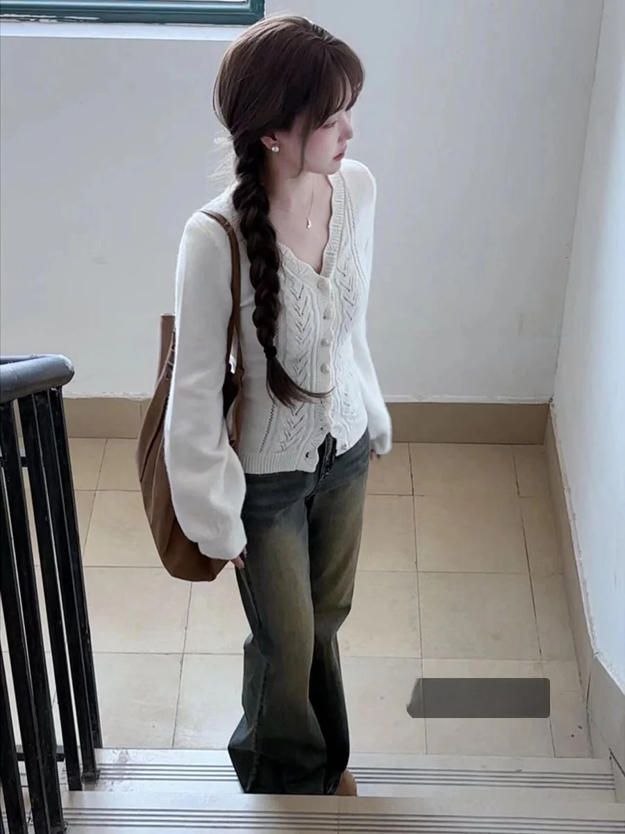 سترة بيضاء V-Ne Long Sve محبوكة مفتوحة سترة نسائية شتوية مجوفة بقصة ضيقة ملابس خارجية ناعمة متعددة الاستخدامات