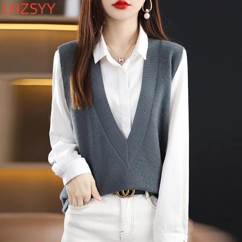 LHZSYY Autumn 100%Pure Wool Knit Vest Women New High-End Sleeveless Sweater take out V-Neck Cashmere Loose waistcoat Female Tops