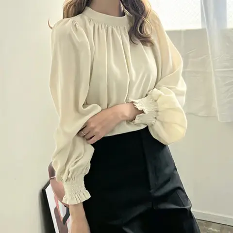 Japanese Style Pleated Puff Sleeve Chiffon Blouse Women Solid Color Mock Neck Loose Shirts Women Autumn Elegant Base Layer Top