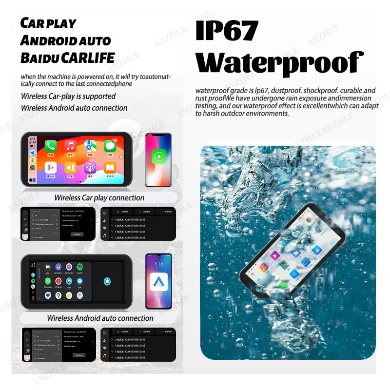 ANZHLE 6.1 Inch W8 IP67 Waterproof Motorcycle Navigation GPS Wireless Carplay Android Auto DVR Drive Recorder Moto Monitor Wifi