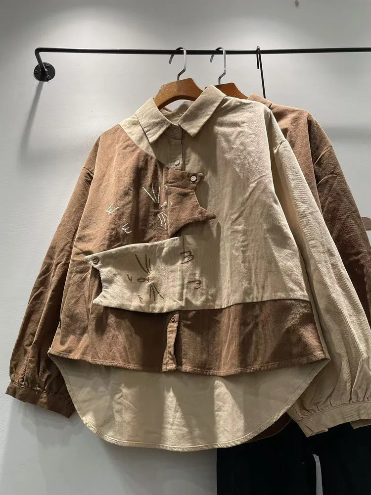 Spring Autumn Women's Loose Fit Long Sleeve Shirt Embroidered  Design Corduroy Button up Casual Style Fashionable Ladies' ...
