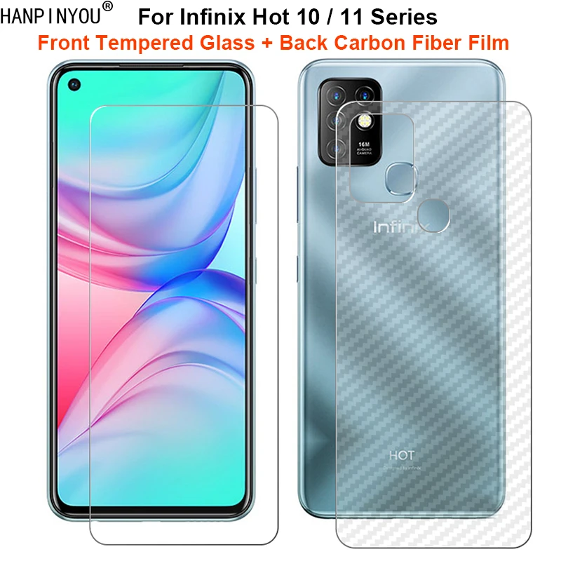 2 in 1 For Infinix Hot 11 11s 10 10T 10s NFC Lite Play Soft Back Carbon Fiber Film + Tempered Glass Front Screen Protector