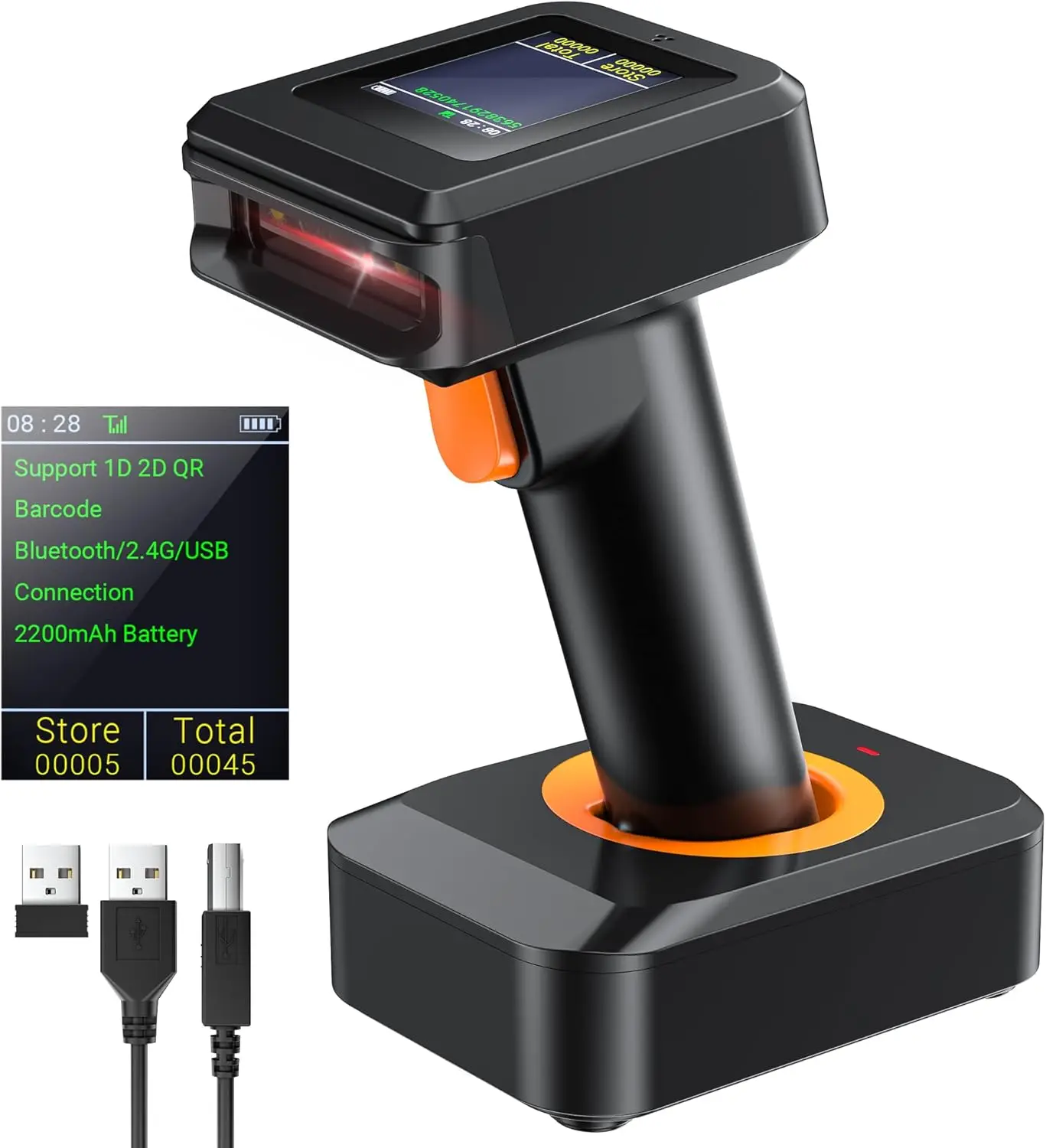 Wireless Barcode Scanner with Display Screen, Bluetooth Compatible, Charging Cradle for Warehouse Supermarket Library