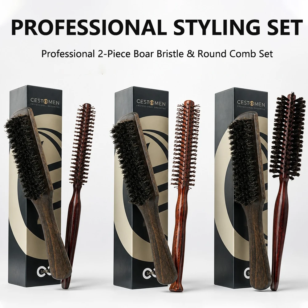 2PCS Set Professional Wooden Hair Brush Boar Bristle Beard Brush Round Curly Hair Volumizing Brush Anti‑Static Hair Styling Tool
