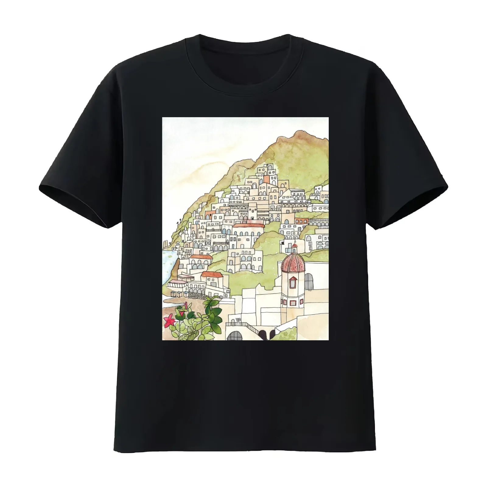 Positano Ink and Watercolor T-Shirt Summer Casual Cotton Tee Oversized Streetwear Tops Vintage Graphic Print 100% Cotton