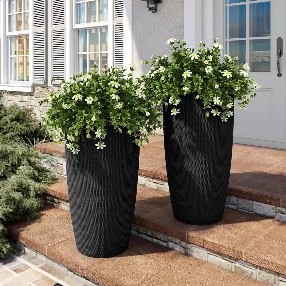 

Набор из 2 высоких кашпо (22 дюйма), большие горшки для полива комнатных и уличных растений с дренажом, индикатором уровня воды, черный ротанг, конические