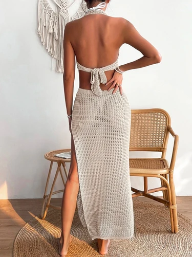 Imagen 2 del producto Vestido de lana elegante y a la moda, falda hueca con cuello redondo sólido bloqueado en Bikini para mujer