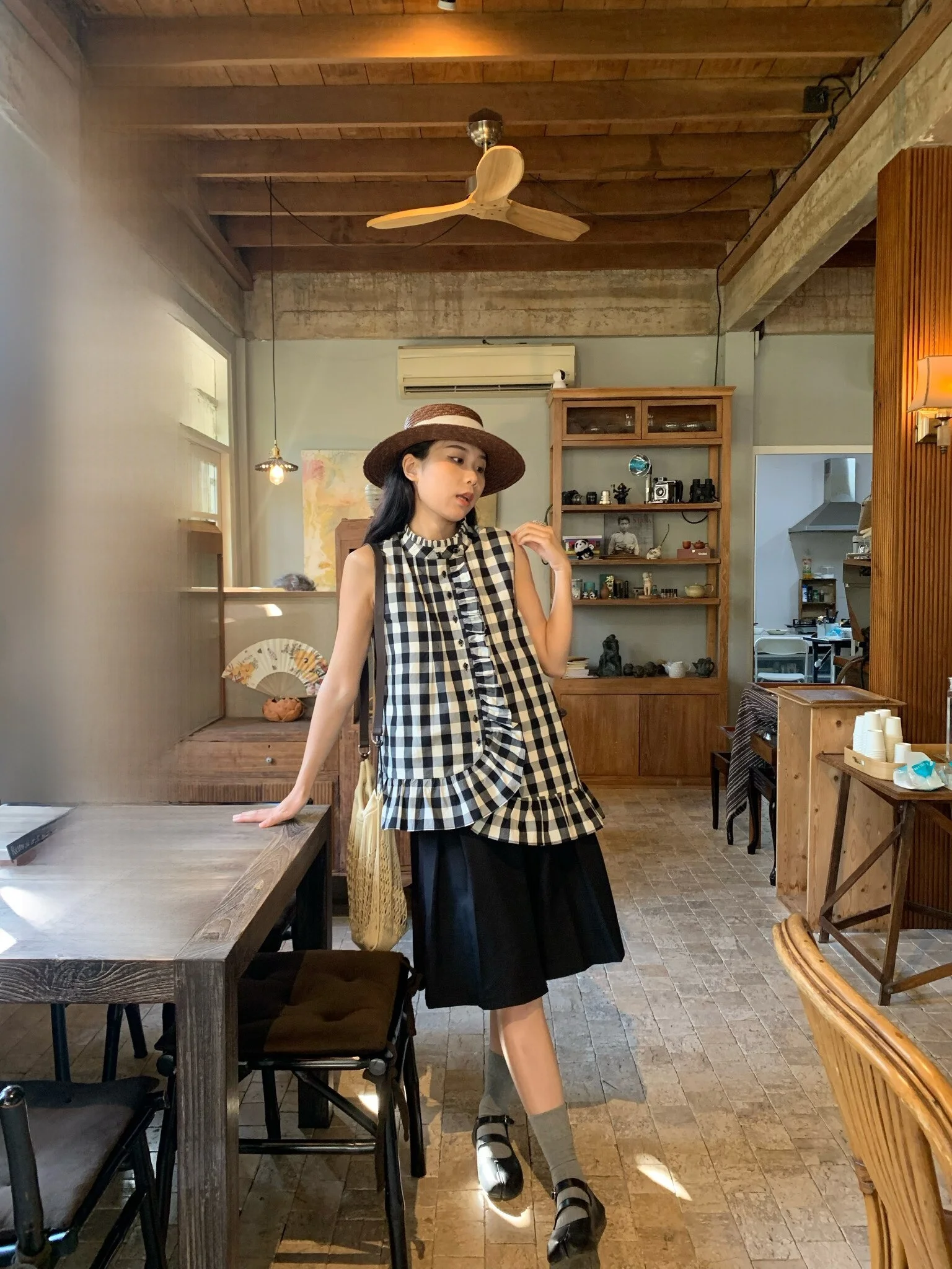 

Jinputi Design Loose Thin Sleeveless Women's Vest Outerwear Spring Summer Checkered Strapless Top Cotton Linen Blend