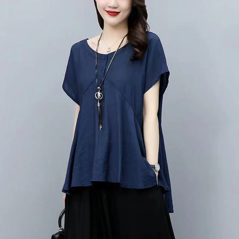 Summer New Fashion V-neck Loose Casual Spliced Shirt Ladies Short Sleeve Oversized Literary Vintage All-match Blouse Women's Top