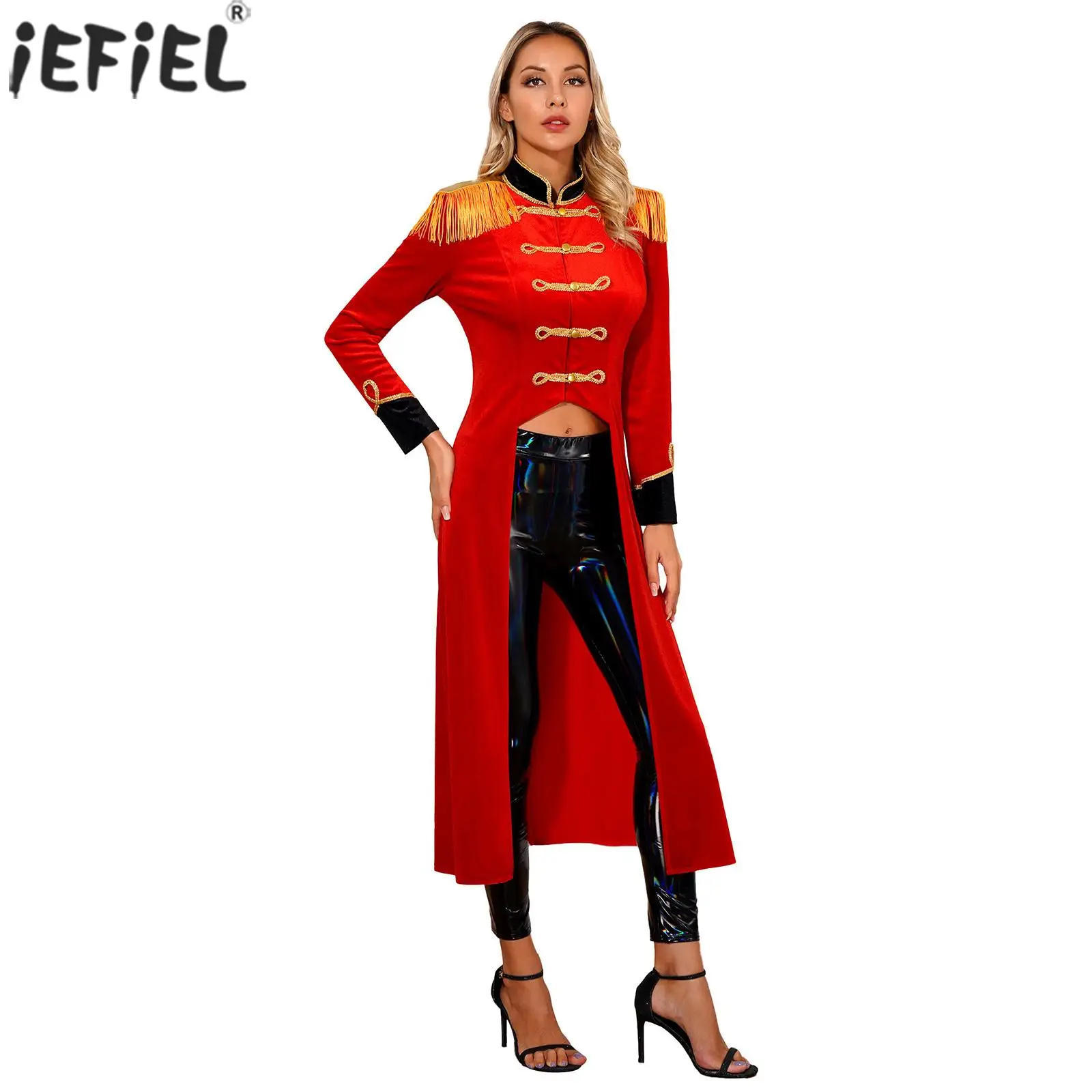 

Elegant Womens Renaissance Gothic Jacket Circus Magician Ringmaster Tailcoat Fringe Shoulder Boards Fancy Coat Formal Costumes