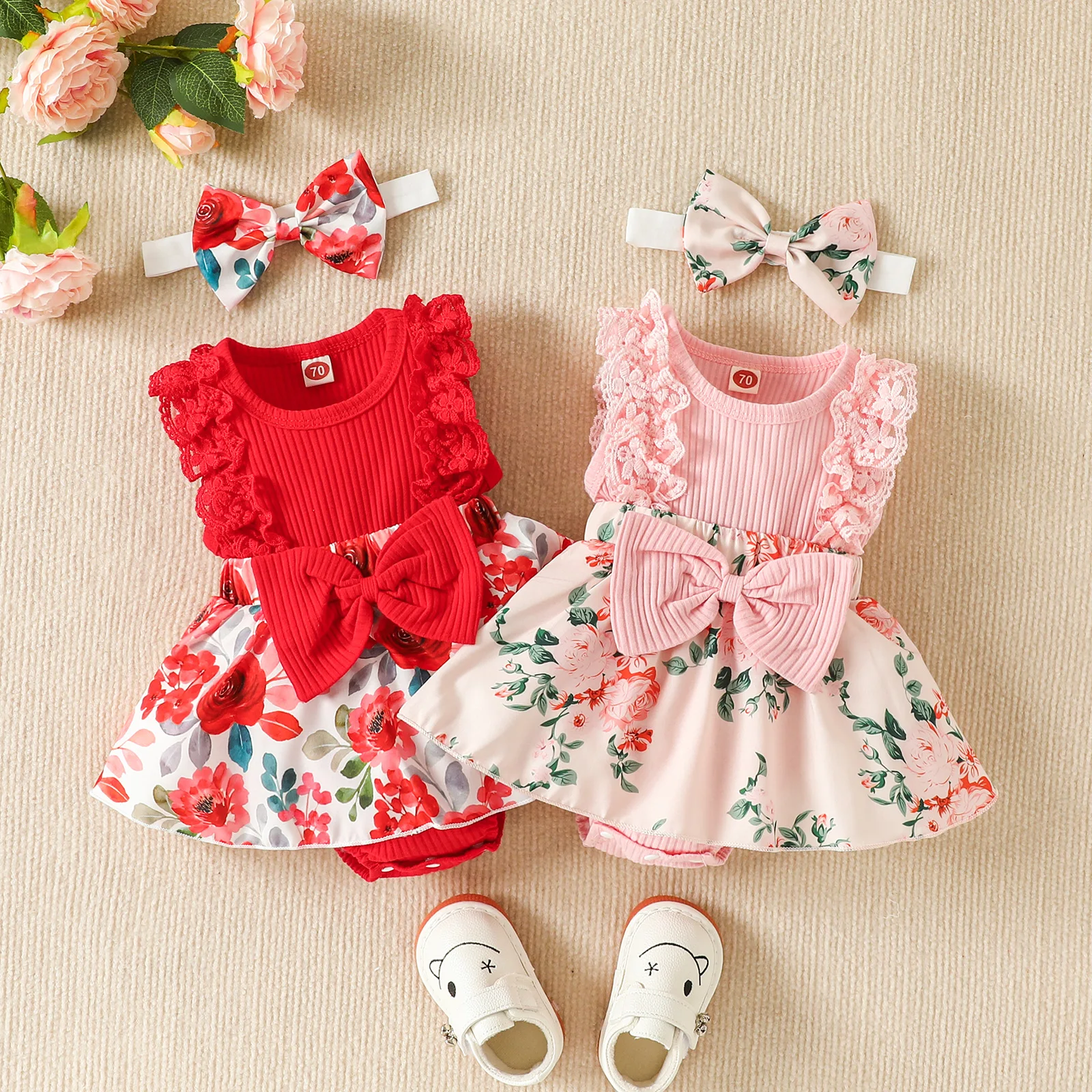 

Infant Baby Girls Patchwork Jumpsuit Flower Print Lace Sleeveless Round Neck Front Bowknot Romper Headband Baby Sweety Bodysuits